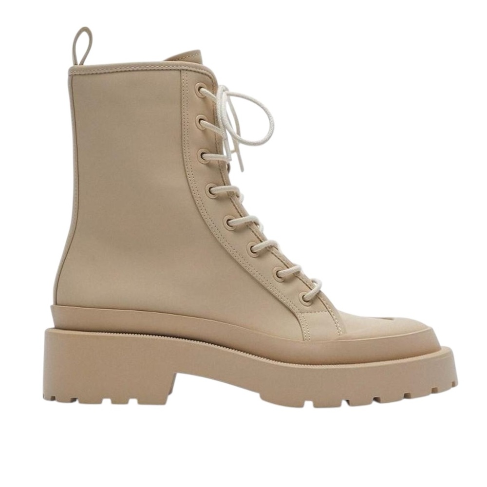 Zara Beige Lace-Up Combat Boots with Chunky Sole SZ 38